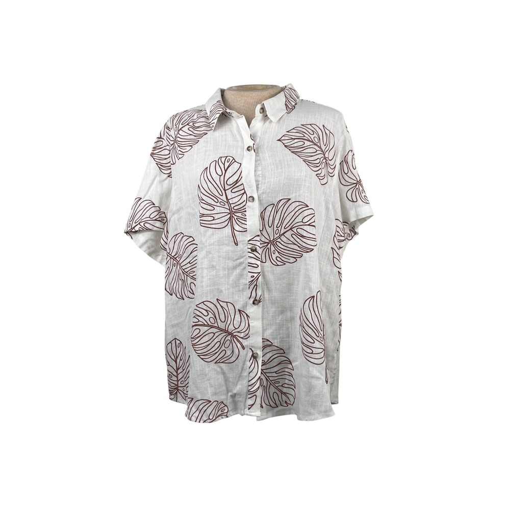 Mi Ami Francescas White Brown Monstera Leaf Linen Blend Button Down Shirt XL